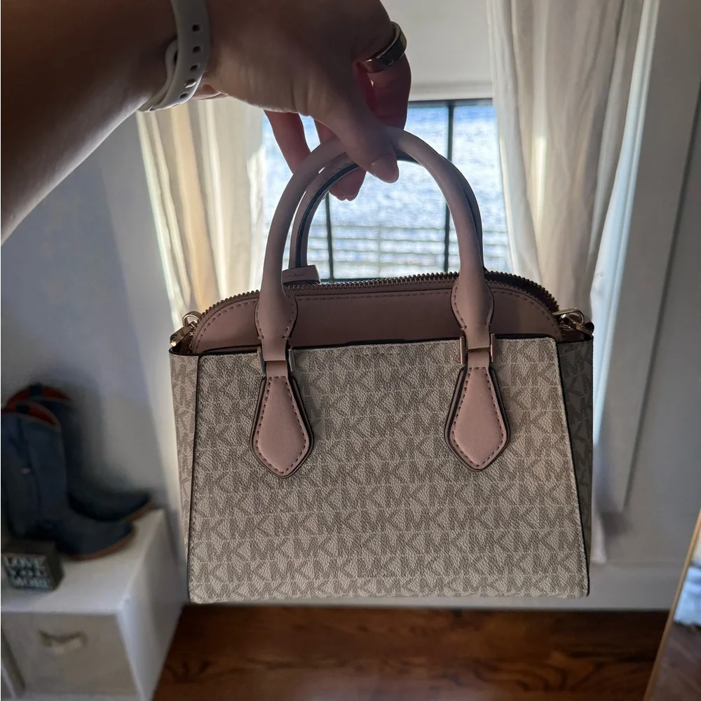 Michael Kors Signature Beige and Pink Satchel